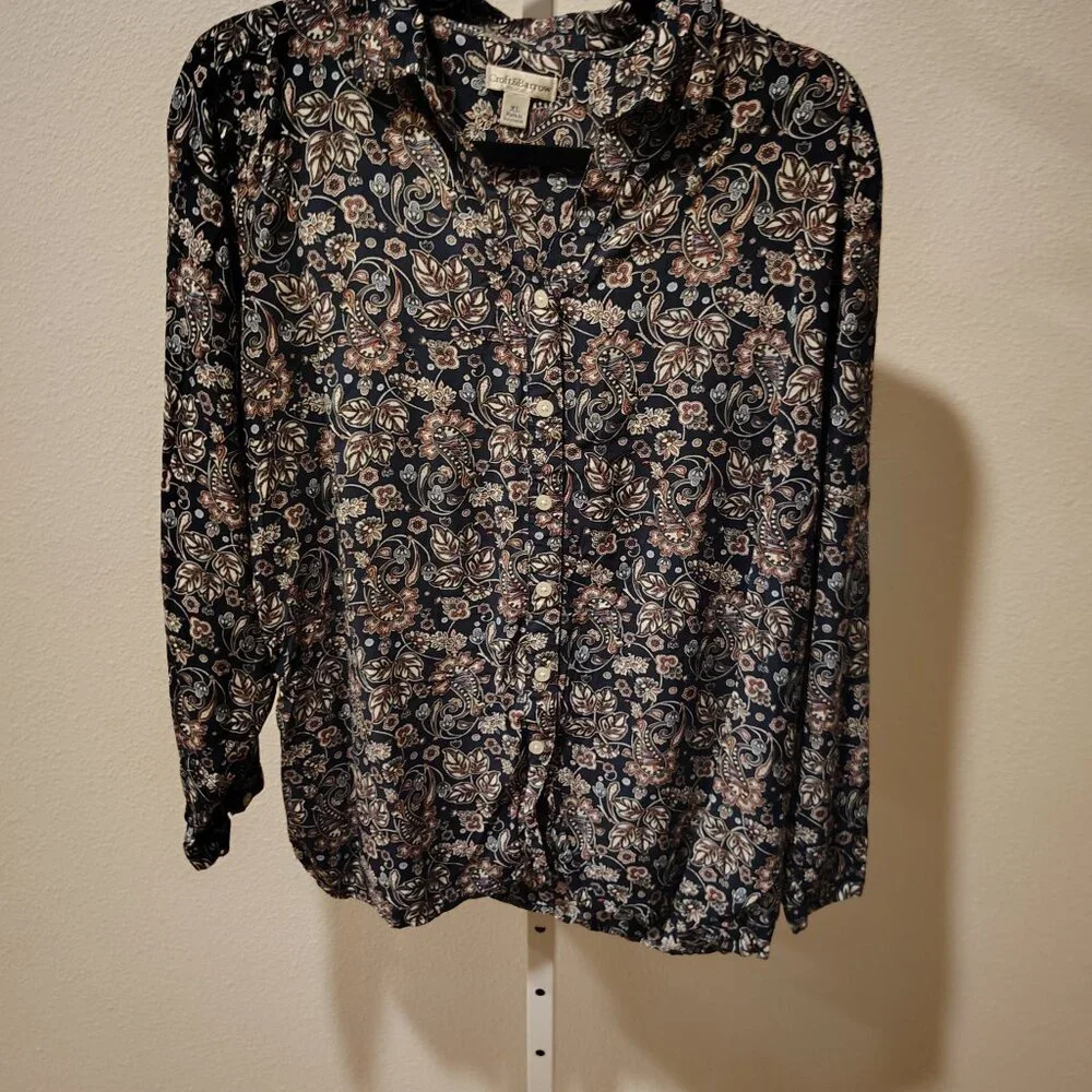 Croft & Barrow Women's Button Front Long Sleeve Blouse Size XL Rayon Blue Print - Picture 5 of 11